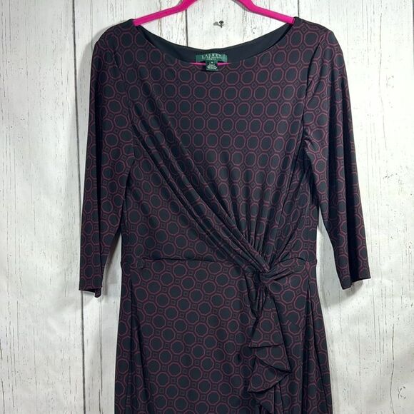 Lauren Ralph Lauren Knot Ruffle Ruched Black Burgundy 3/4 Sleeves Midi Dress - Picture 9 of 15